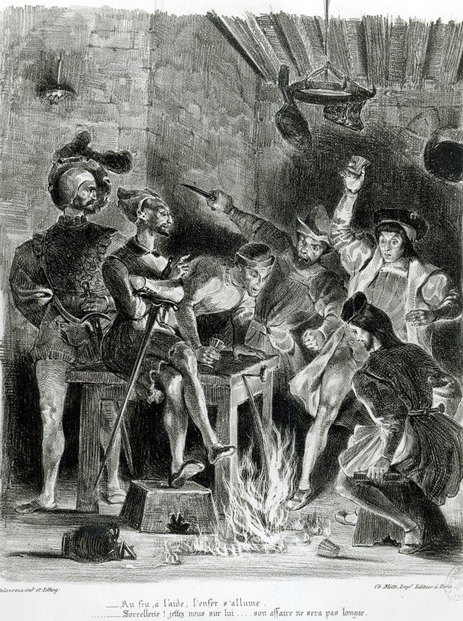 Mefistofeles och dryckeskamraterna, från Goethes Faust, 1828, (illustration), (litografi i svartvitt foto) av Ferdinand Victor Eugene Delacroix