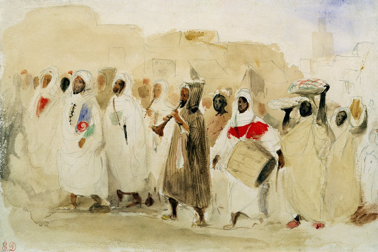 Procession av musiker i Tanger (wc och penna på papper) av Ferdinand Victor Eugene Delacroix