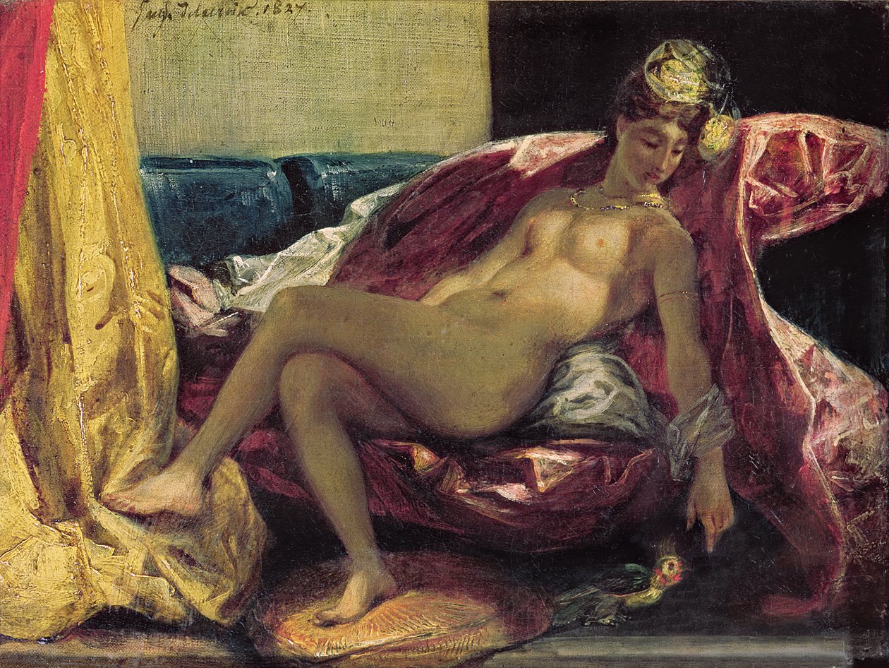 Reclining Odalisque eller, Woman with a Parakit, 1827 av Ferdinand Victor Eugene Delacroix