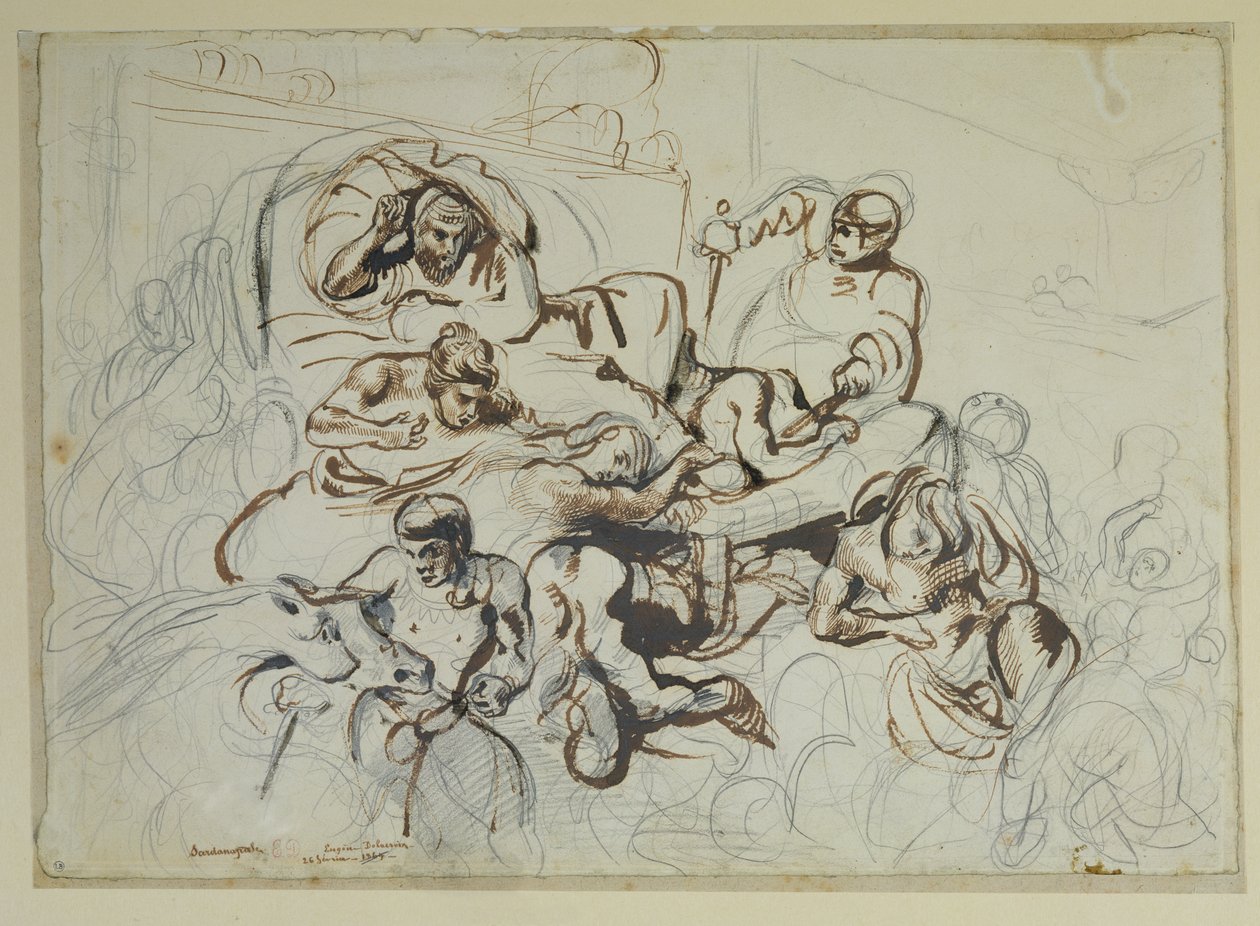 Studie för Sardanapalus död, 1864 (penna och bläck och grafit på papper) av Ferdinand Victor Eugene Delacroix