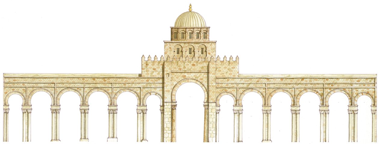 Moskén i Uqba. Kairouan, Tunisien. Huvudfasad av Fernando Aznar Cenamor