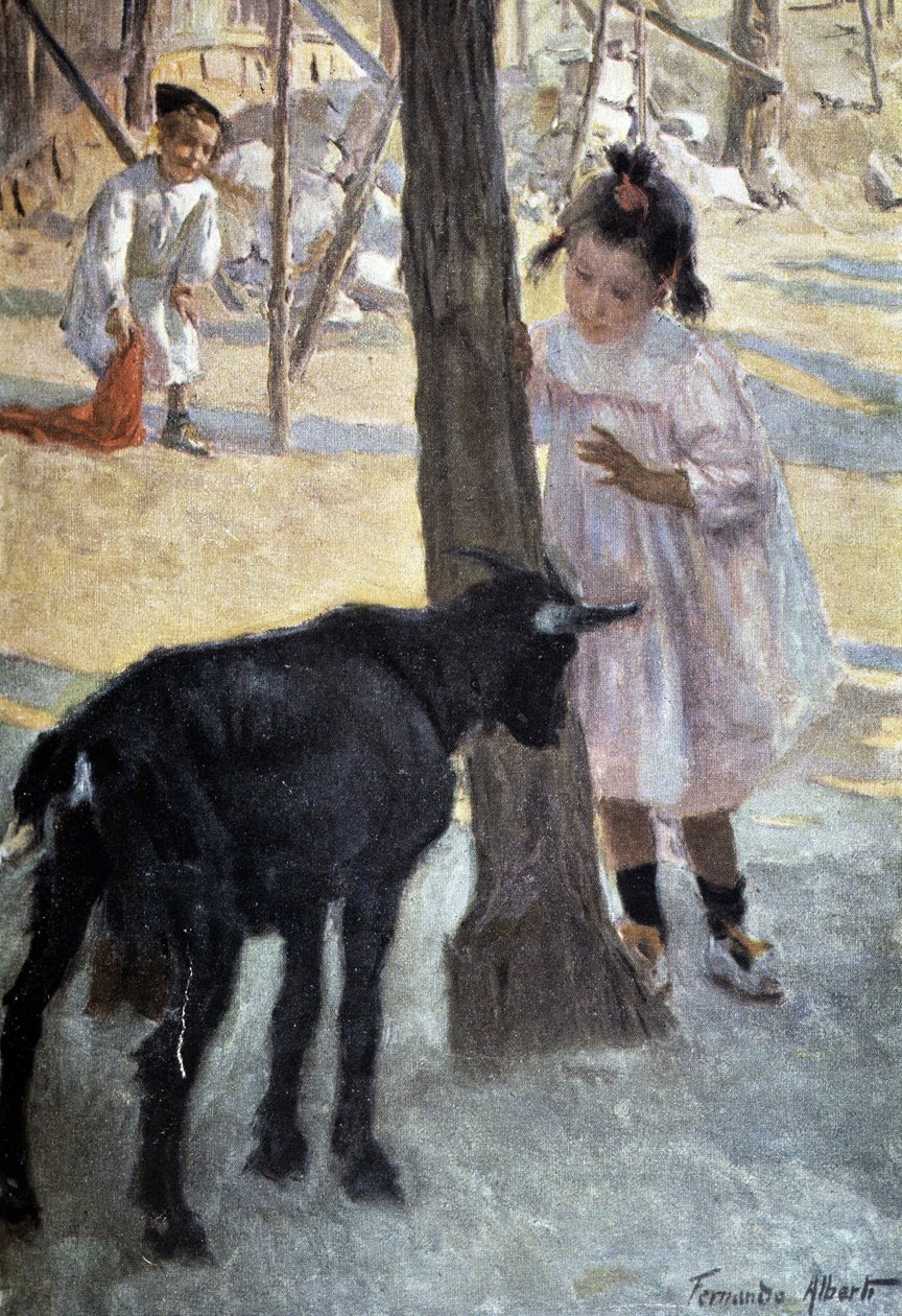 Flicka och get - målning av Fernando Alberto