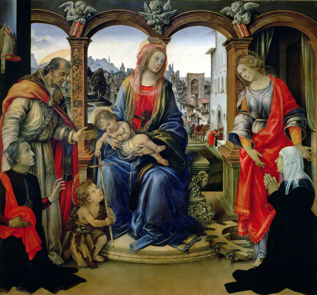 Nerli altartavla: Madonna och barn med den unga Johannes Döparen, St. Martin, St. Katarina och donatorerna Tanai och Nanna dei Nerli, 1494 av Filippino Lippi