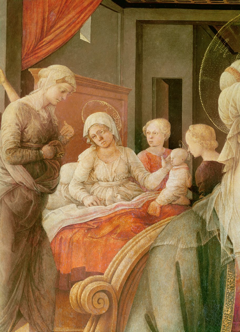 Tondo Bartolini, Madonna och barn (berättelsen om Maria), detalj om Jungfruns födelse, 1452 (olja på trä) av Filippino Lippi