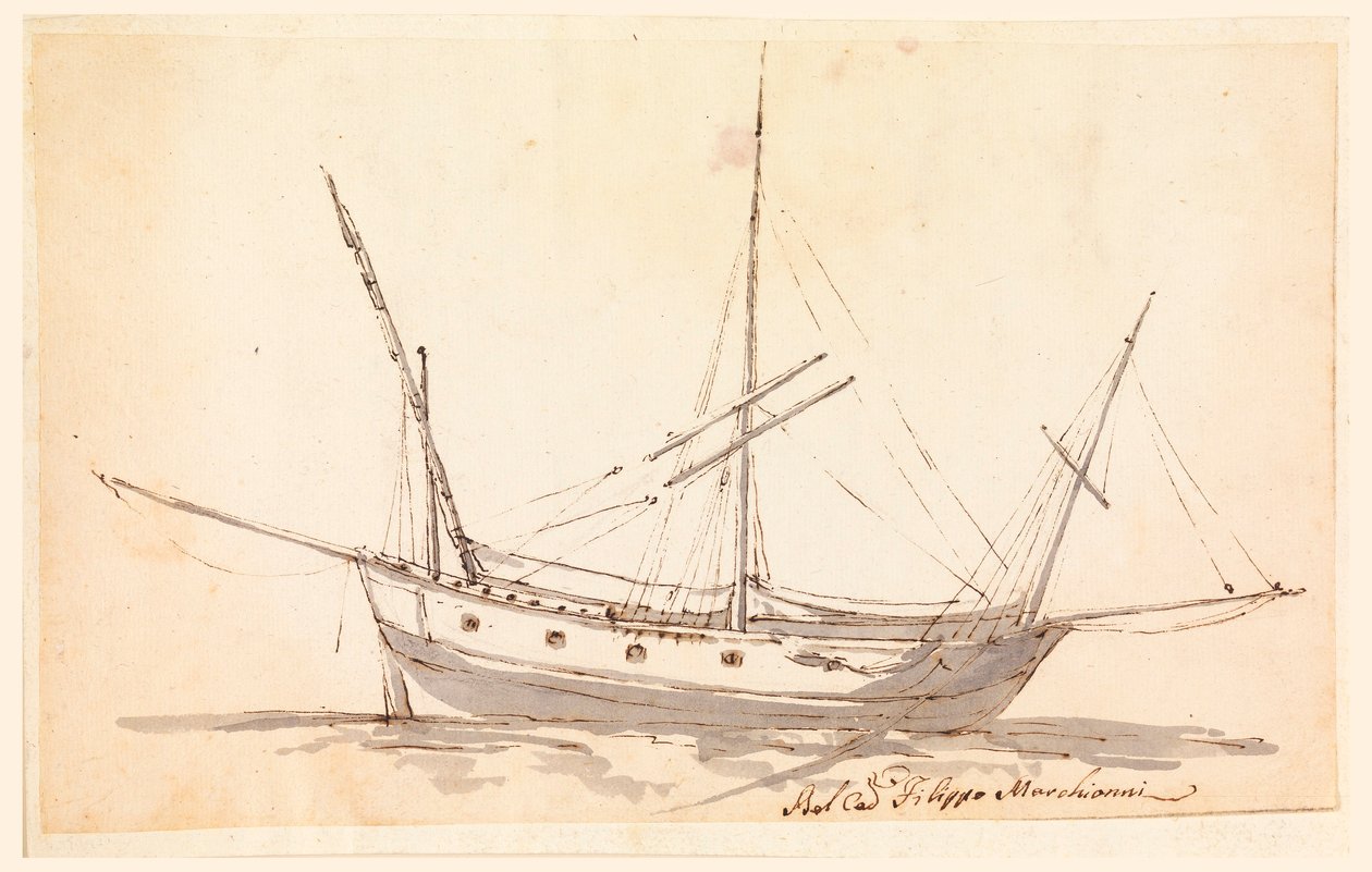 Teckning, Ett segelfartyg, ca 1780 av Filippo Marchionni