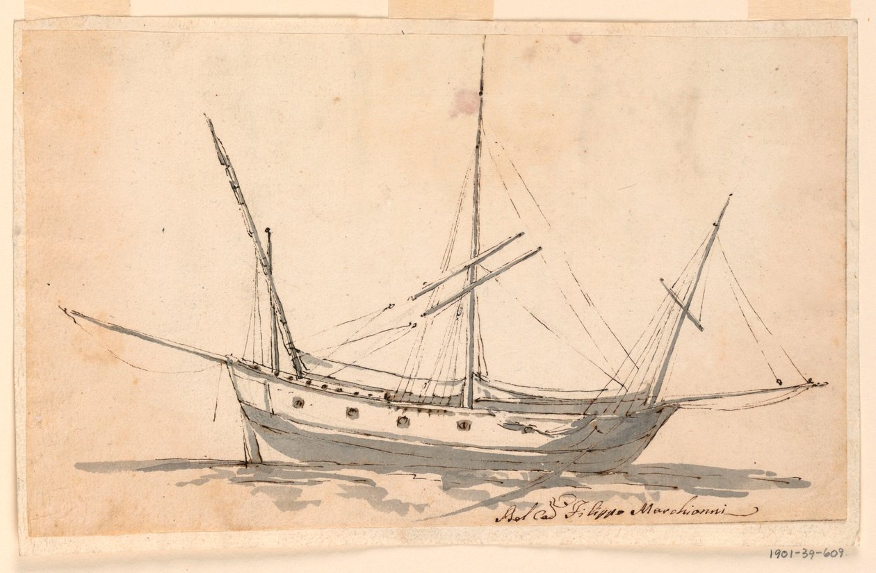 Teckning, Ett segelfartyg, ca 1780 av Filippo Marchionni