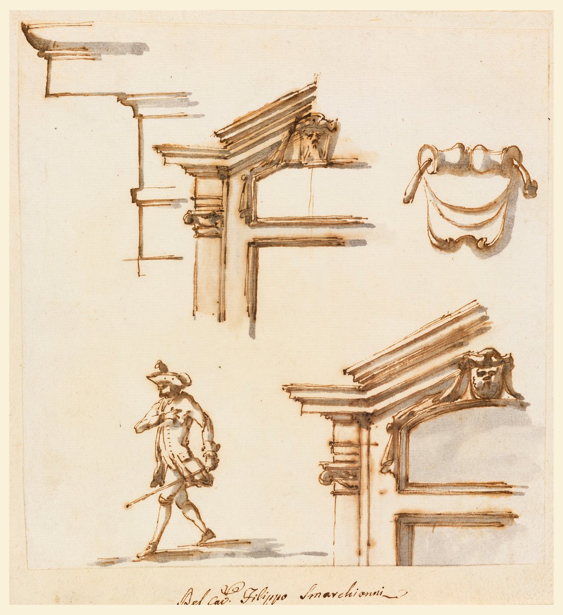 Ritning, arkitektoniska detaljer och figurstudie, 1760-75 av Filippo Marchionni