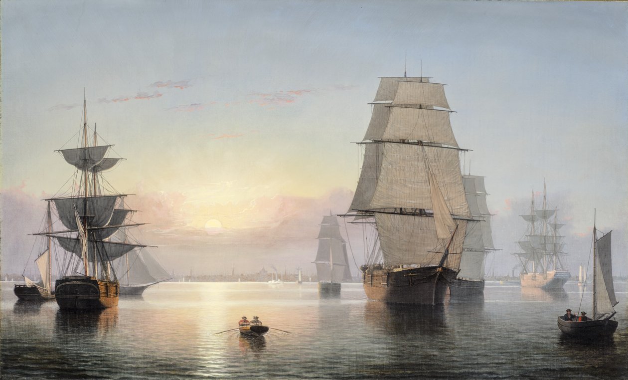 Bostons hamn, solnedgång, 1850-55 av Fitz Henry Lane