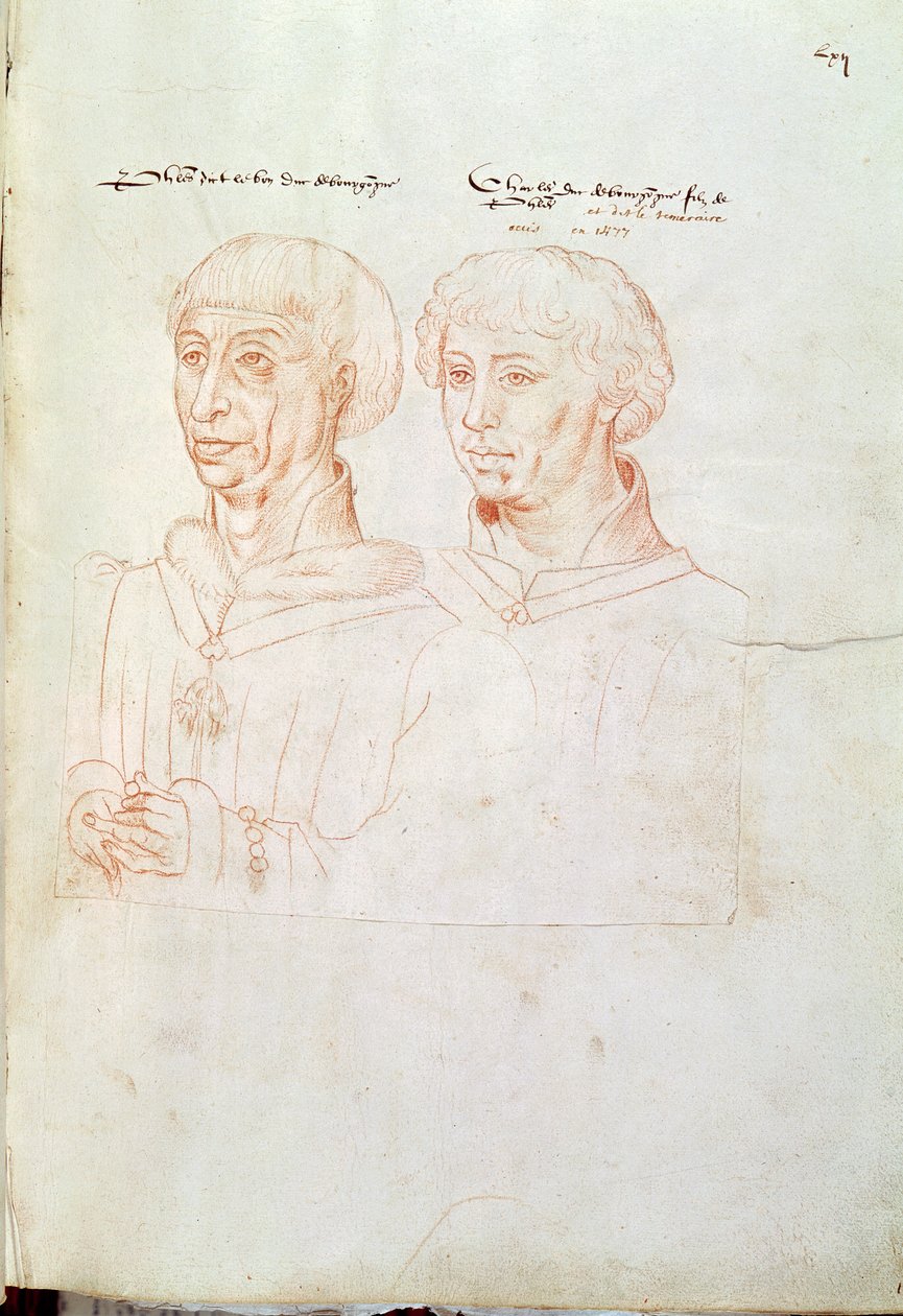 Ms 266 f.61 Filip III den gode (1396-1467) hertig av Bourgogne och hans son, Karl den djärve (1433-77) från 