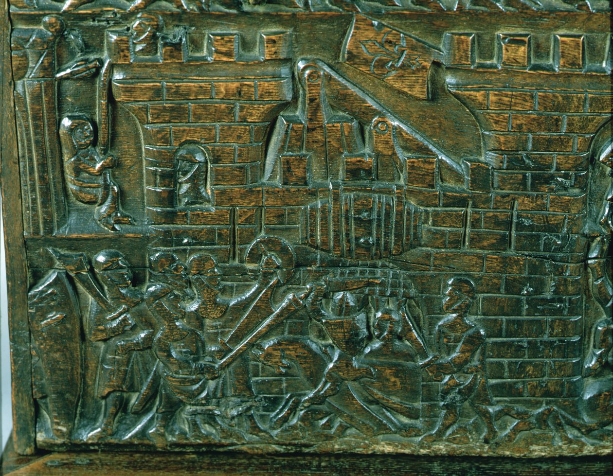Courtrai-kistan som visar anfallet av Courtrai-garnisonen, under slaget vid de gyllene sporrarna, utkämpade i Courtrai 1302 (trä) (detalj) av Flemish School