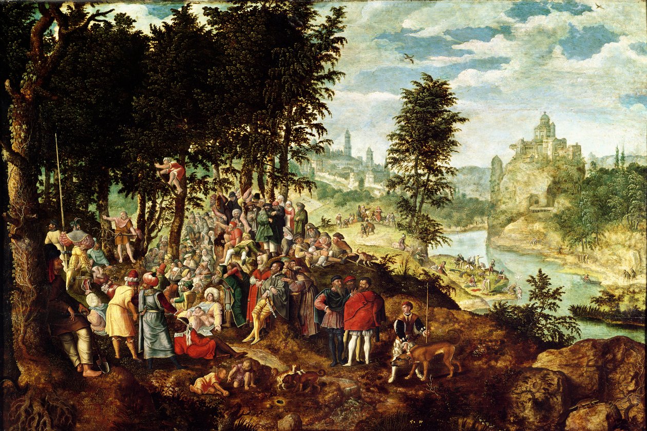 Johannes Döparens predikan, c.1550 av Flemish School