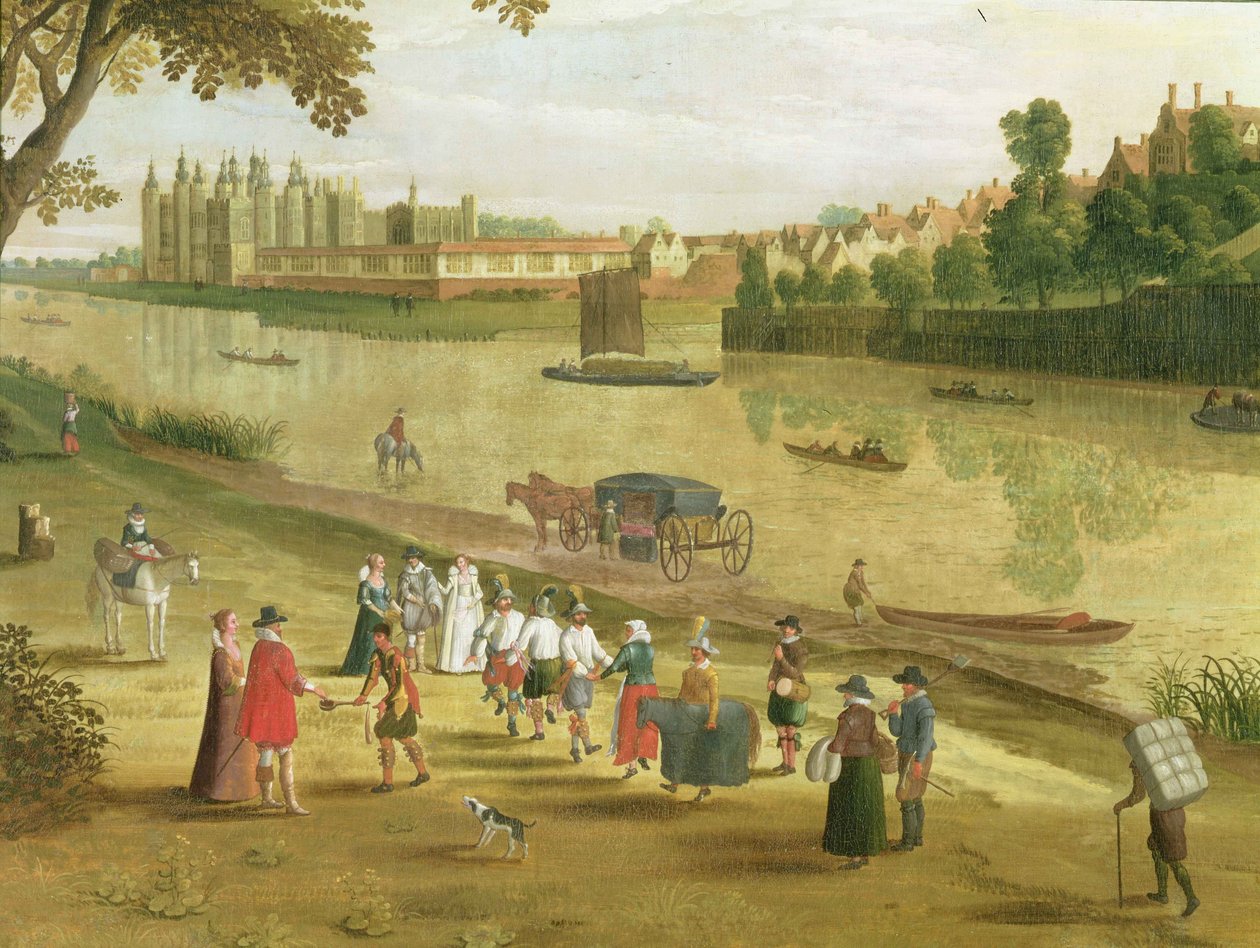 Themsen ved Richmond, med det gamle kongelige palads, ca. 1620 (detaljer) (se også 65997) swed av Flemish School