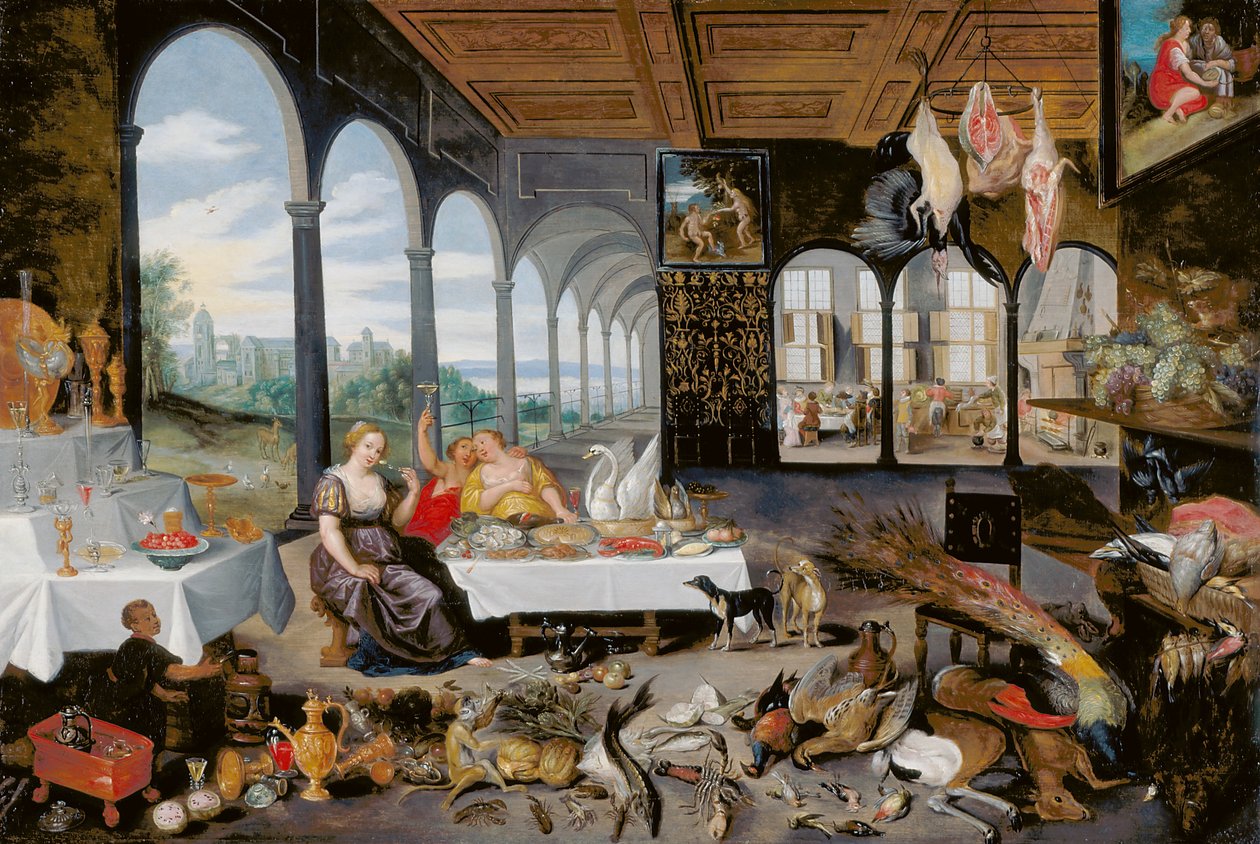 The Sense Of Taste (olja på trä) av Flemish School