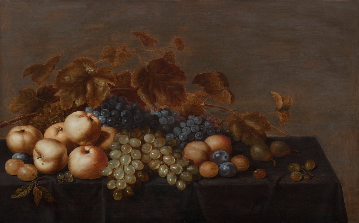 Stilleben med frukt på ett bord draperat med en mörk duk: Plommon, äpplen, klasar av svarta och vita druvor och päron. av Floris Gerritsz van Schooten