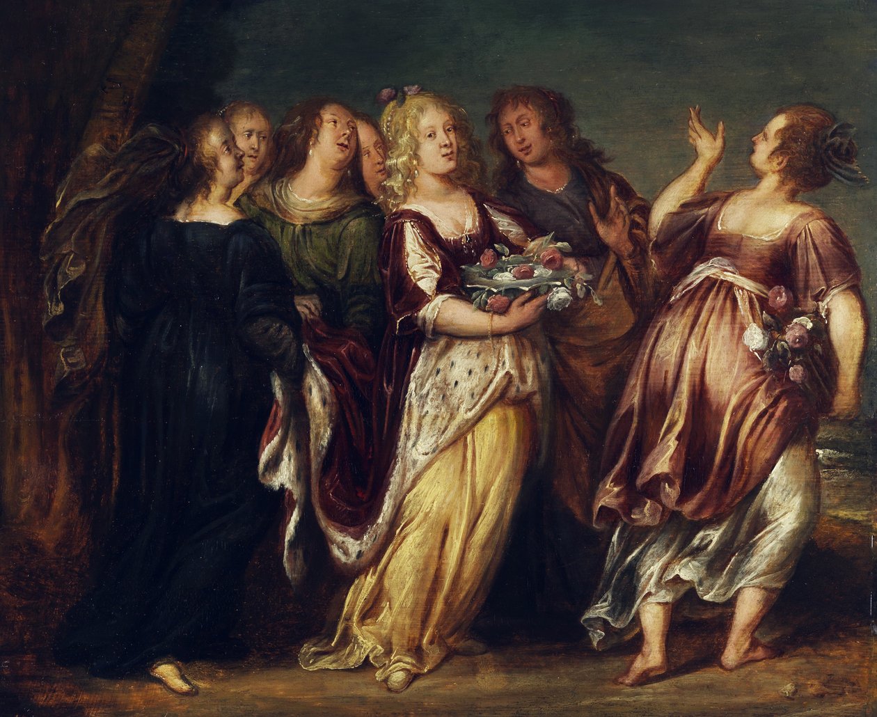 Junge Herrscherin im Gefolge von sechs Mädchen, eine Schale mit Blumen tragend av Follower of Abraham Janssens