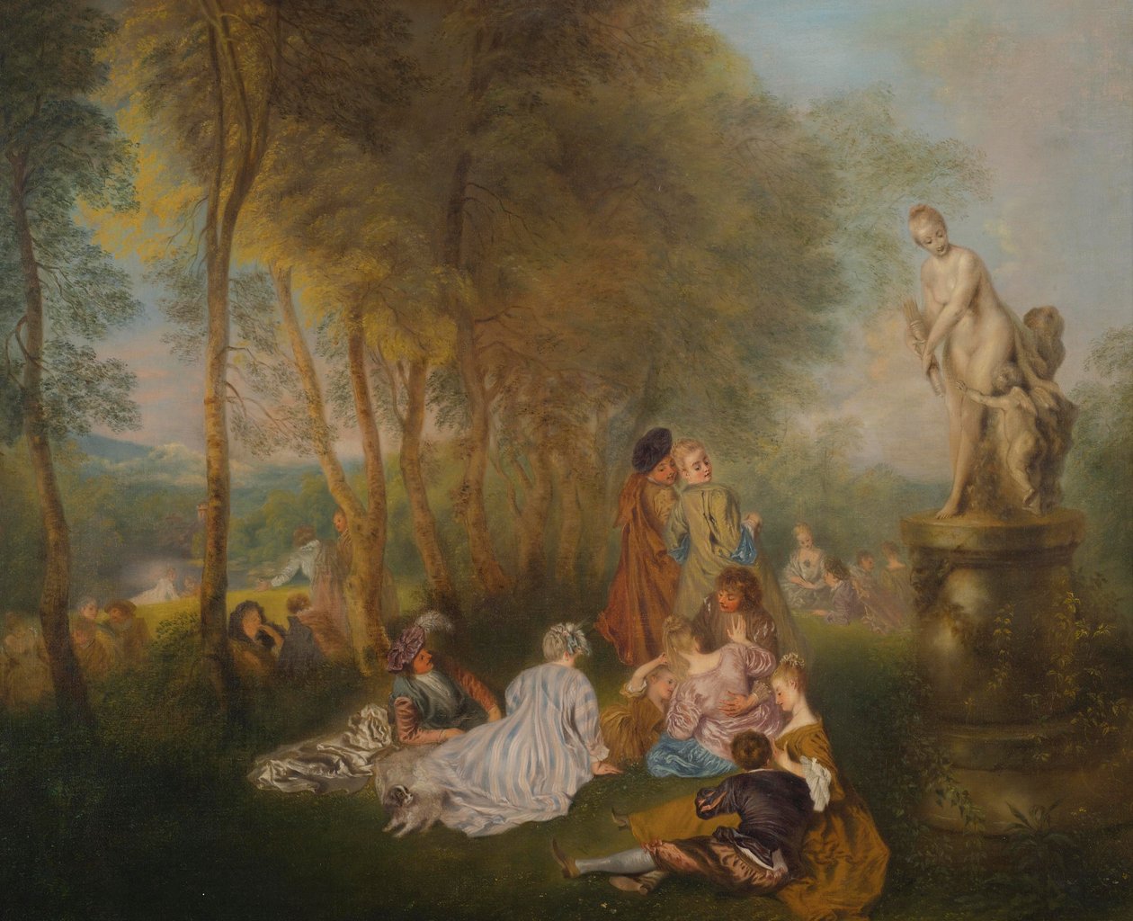 Fête galante med en staty av Venus av Follower of Antoine Watteau