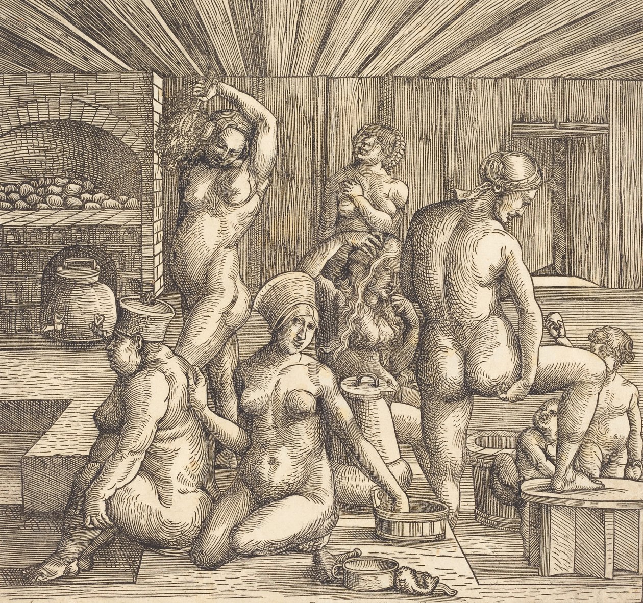 Kvinnors bad, ca. 15051510. av Follower of Albrecht Durer
