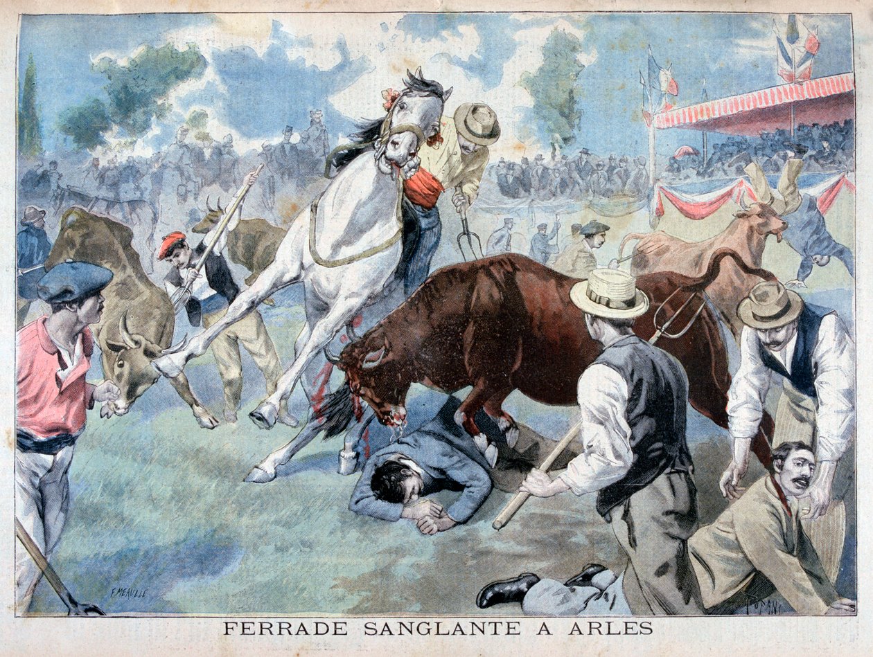 Tjurfäktningsincident, Arles, Frankrike, 1898 av Fortuné Méaulle