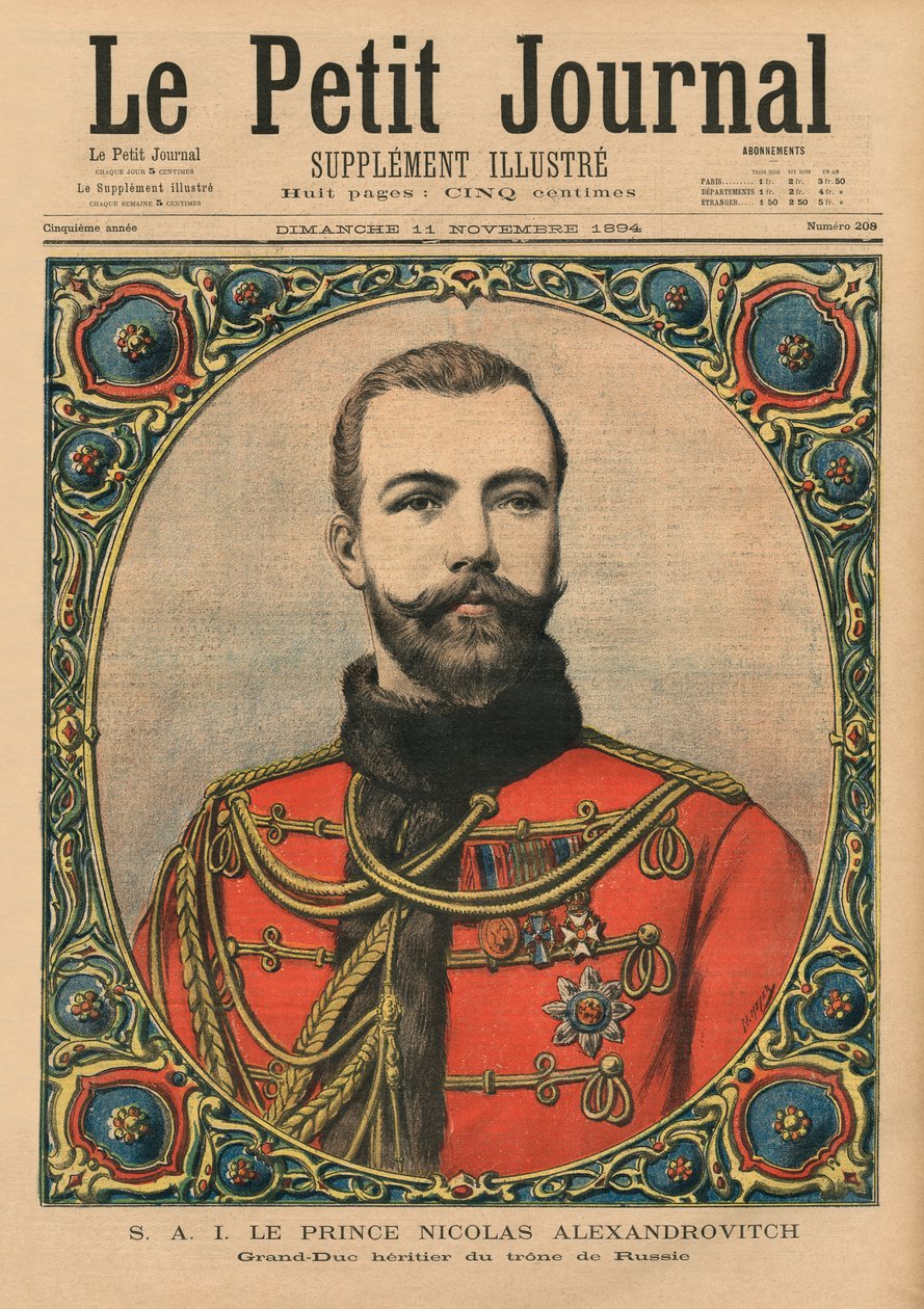 Hans kejserliga höghet Prins Nicholas Alexandrovitch, blivande kejsare och tsar Nicholas II, illustration på framsidan av 