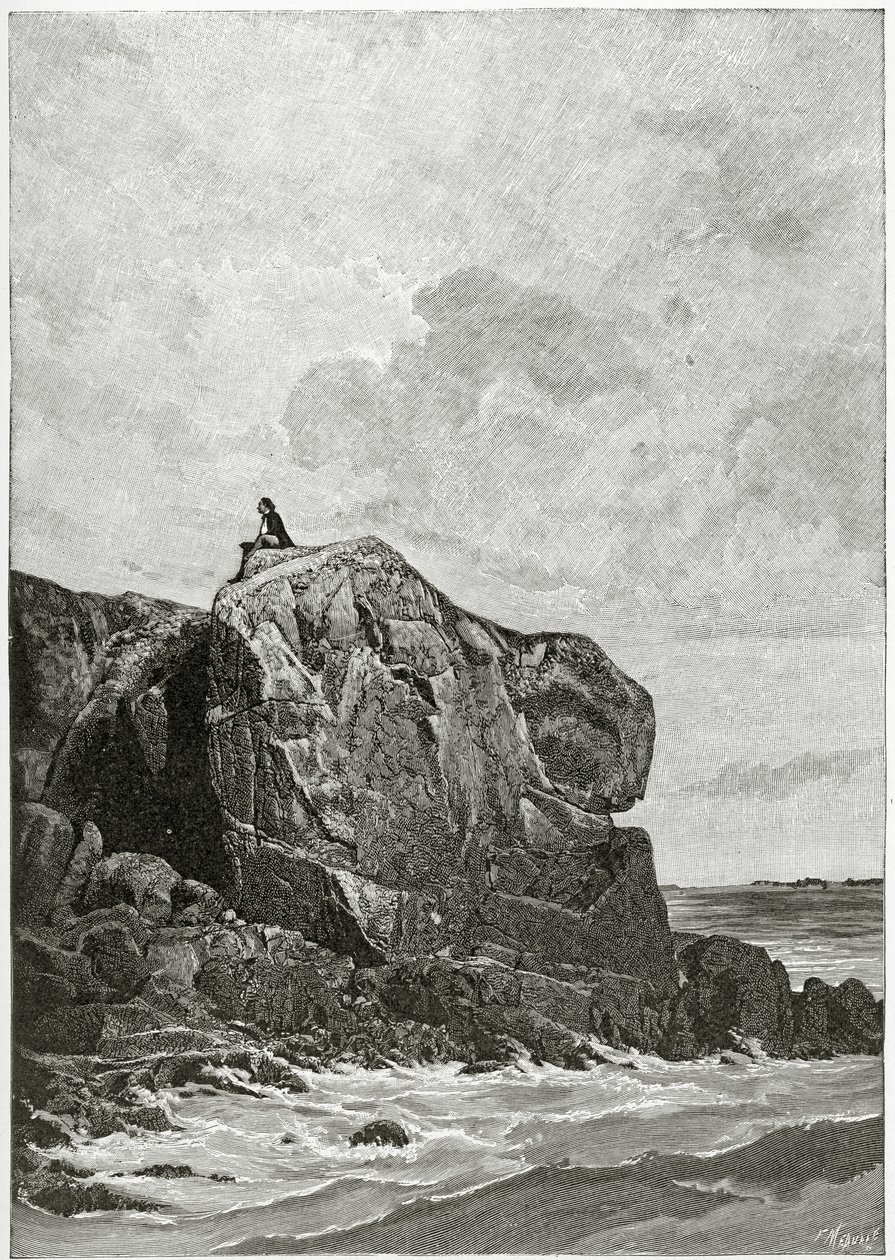 The Rock of the exil in Jersey, 1800-talet (bw gravyr) av Fortune Louis Meaulle