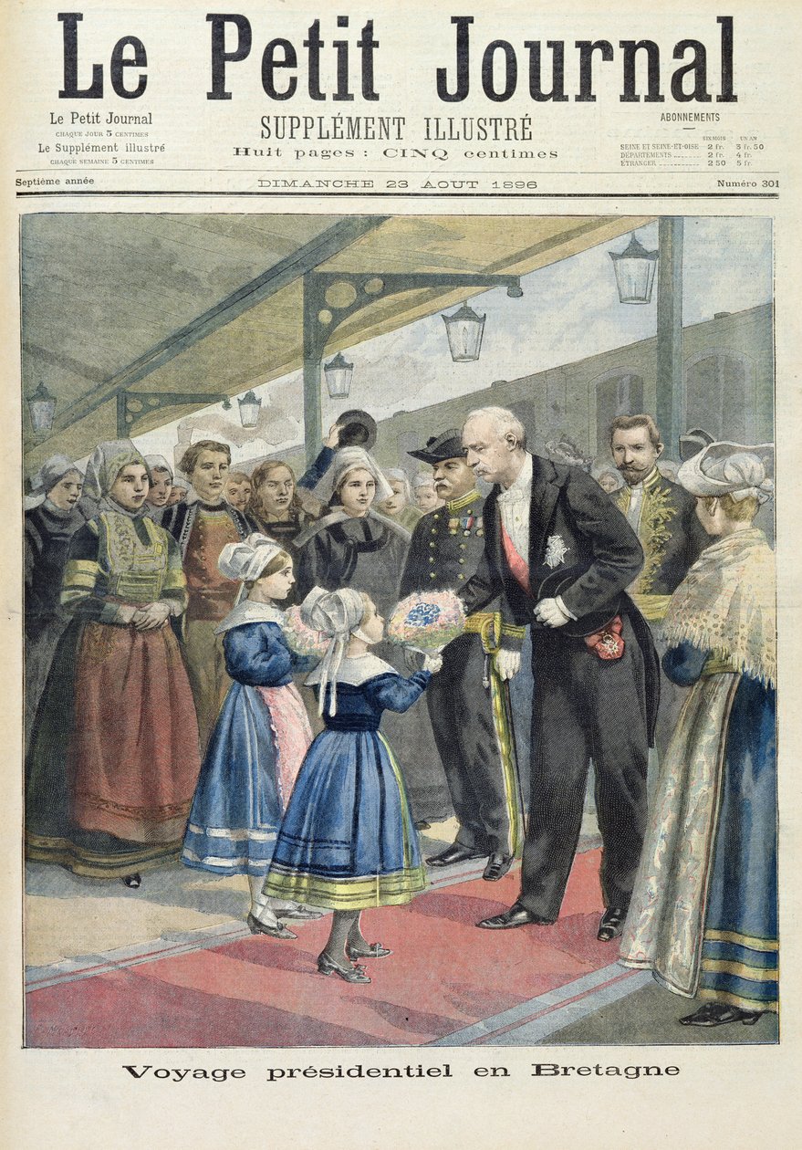 Titelsida som visar Felix Faures presidentresa till Storbritannien, illustration från den illustrerade bilagan till Le Petit Journal, 23 augusti 1896 av Fortune Louis Meaulle