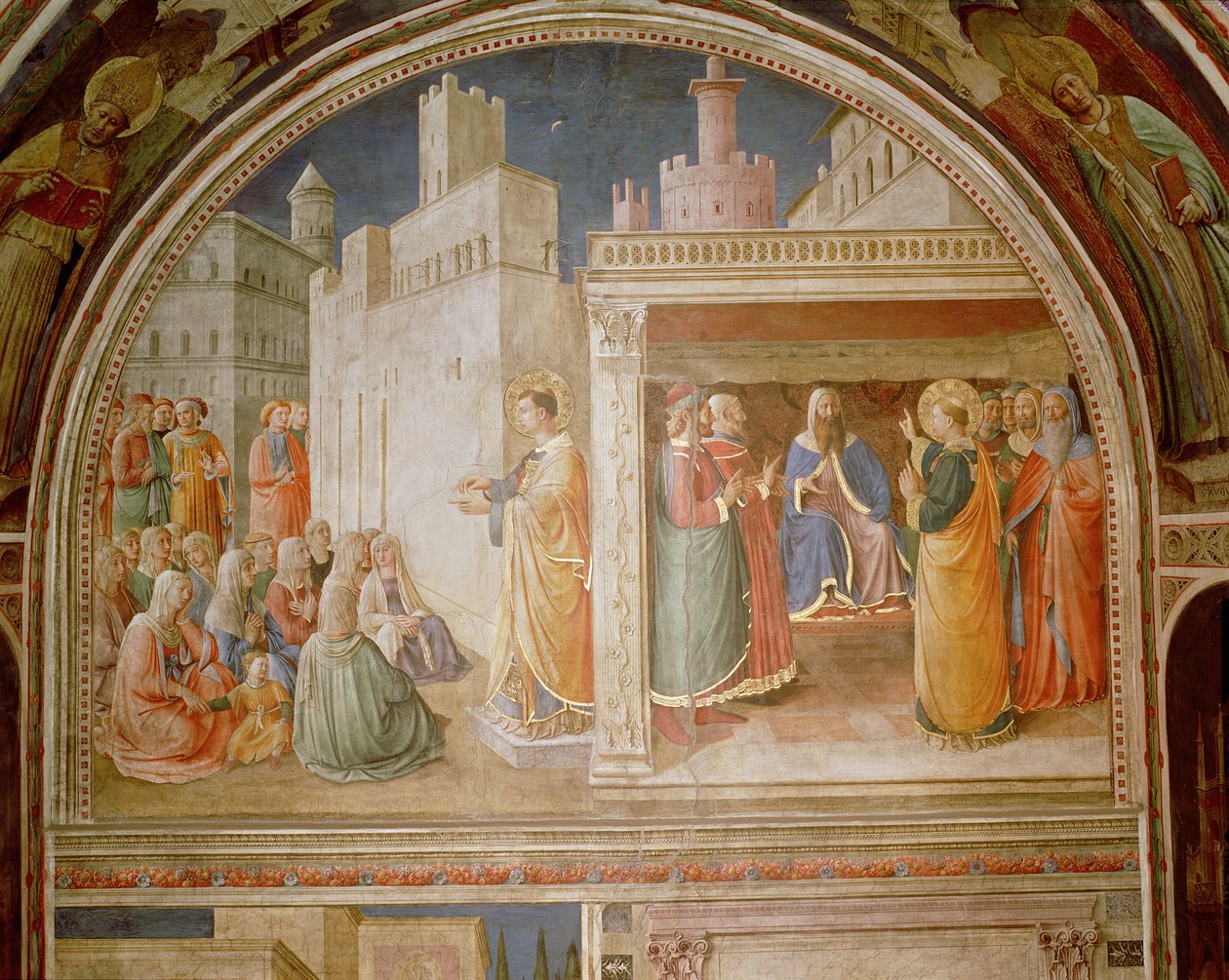 St.Stephen predikar och St.Stephen talar till rådet av Fra Angelico
