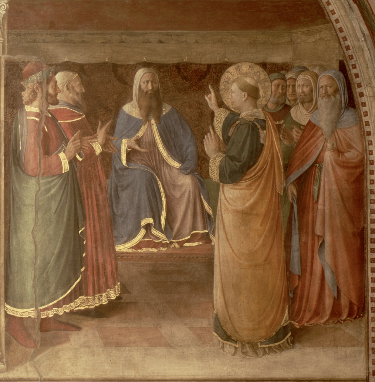 St.Stephen predikar och St.Stephen talar om rådets freskdetalj från 29037 av Fra Angelico