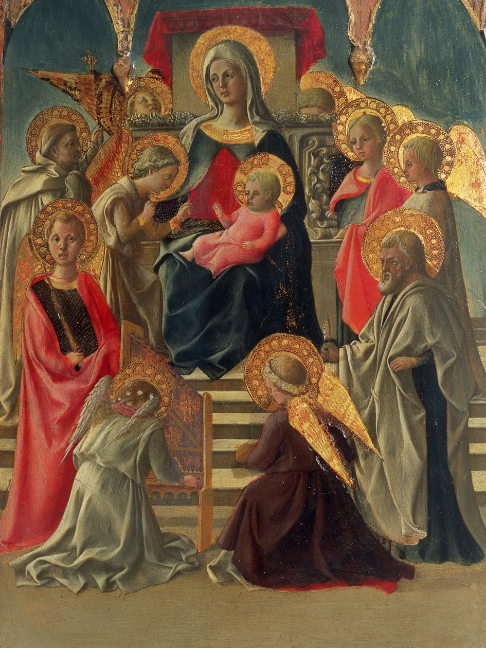 Madonna and Child tronar med Angels and Saints (tempera på panel) (se även 197200) av Fra Filippo Lippi