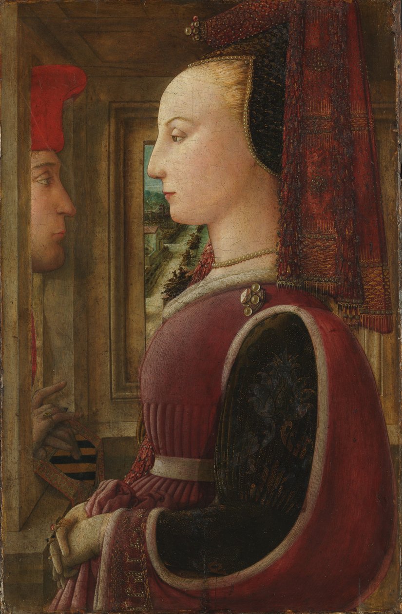 Porträtt av en kvinna med en man vid ett båge, ca 1440 (tempera på trä) av Fra Filippo Lippi
