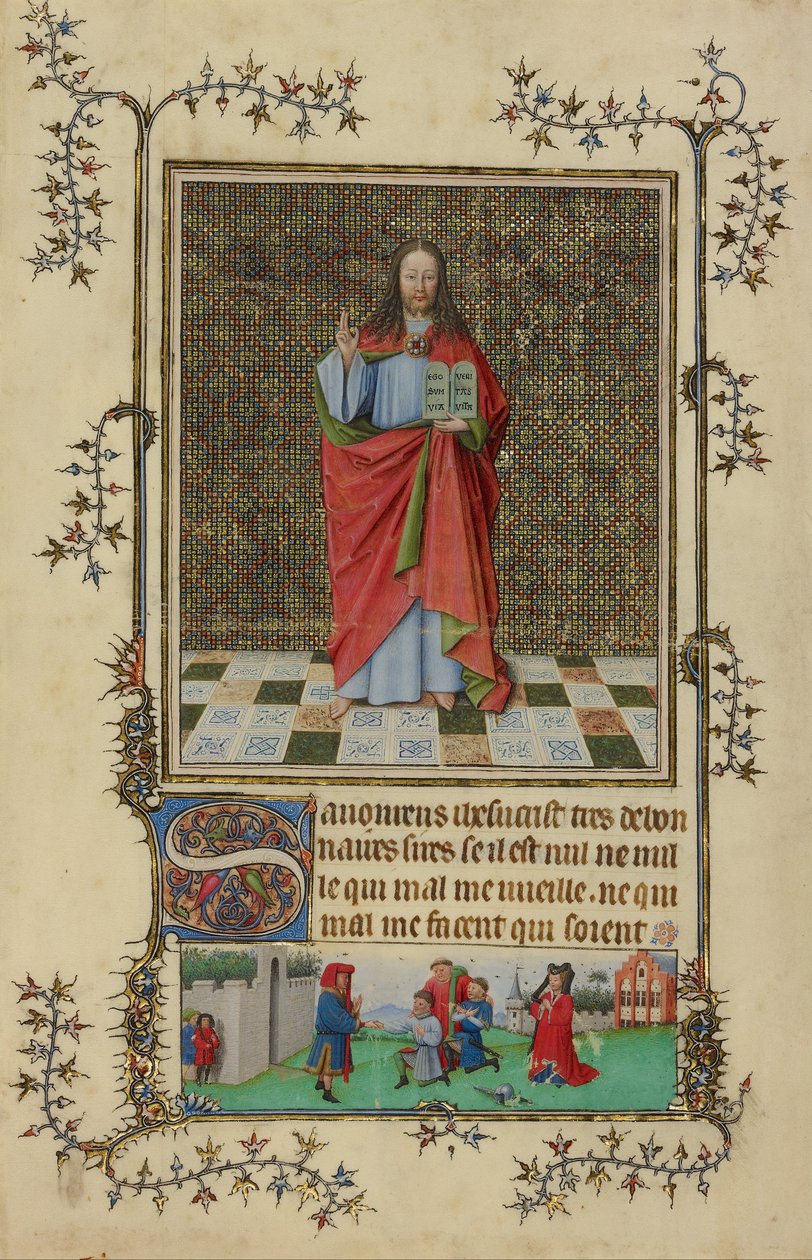 Kristusvälsignelse, miniatyr från bönboken Très Belles Heures i Notre-Dame, sönderdelat manuskript av Français