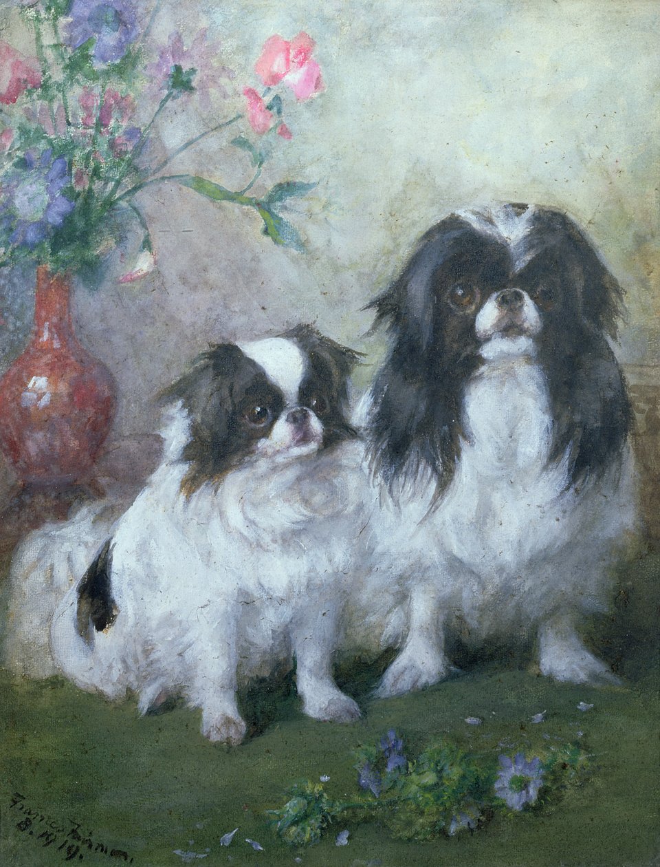 En japansk haktik och hennes valp, 1919 (gouache och wc) av Frances C. Fairman