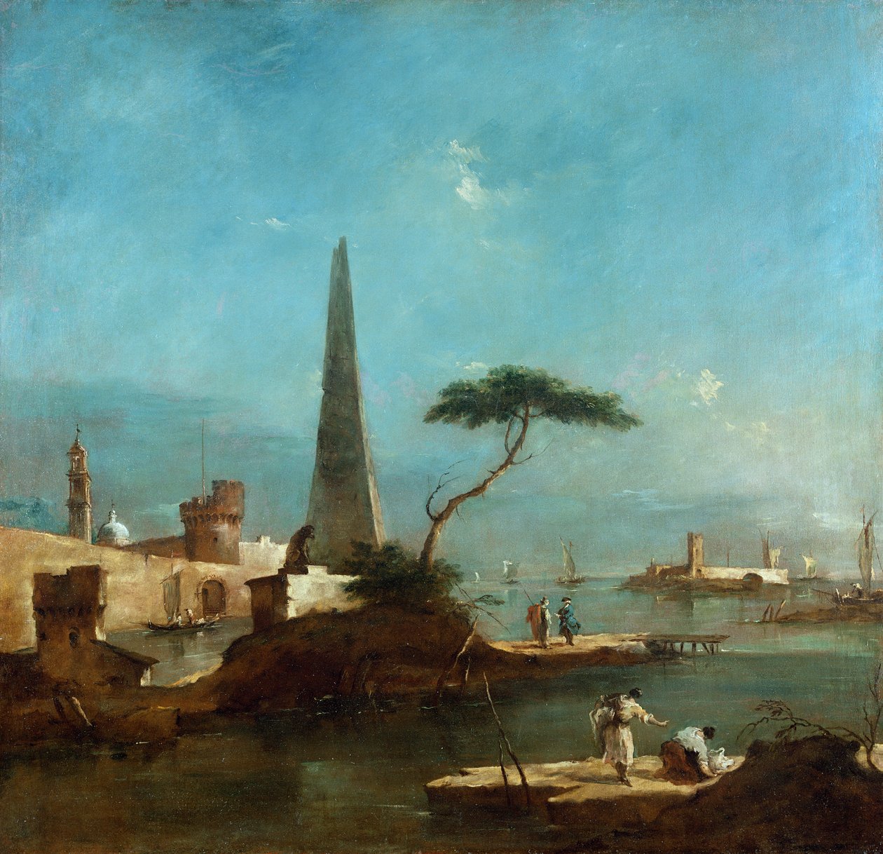 Obelisk bredvid inloppet till en muromgärdad hamn av Francesco Guardi