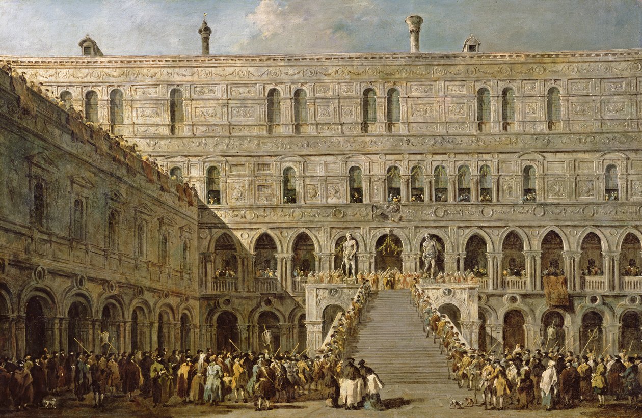 Kröningen av Doge av Venedig på Scala dei Giganti i Palazzo Ducale av Francesco Guardi