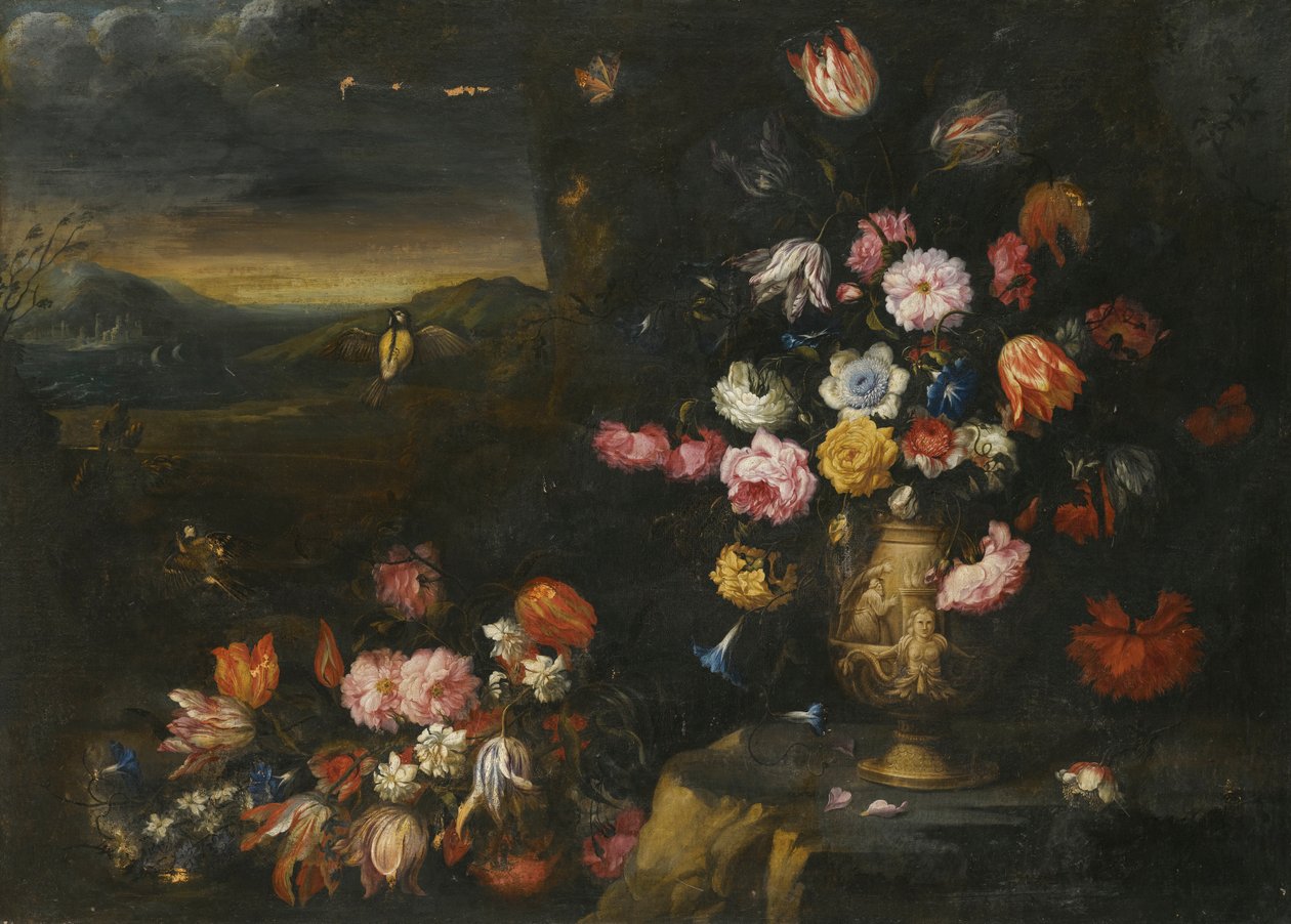Stilleben med vas av blommor i en kustlandskap av Francesco Mantovano