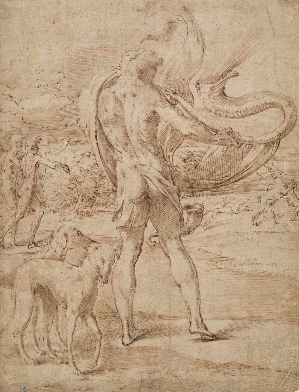 Huntsmen sounding his horn with a staghunt in the distance av Parmigianino