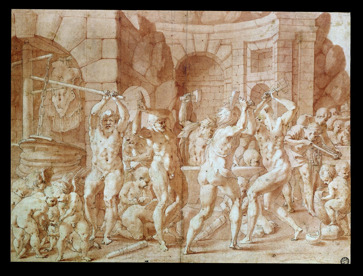 Cyclops in the Forge of Vulcan (penna och bläck och röd krita på papper) av Francesco Primaticcio
