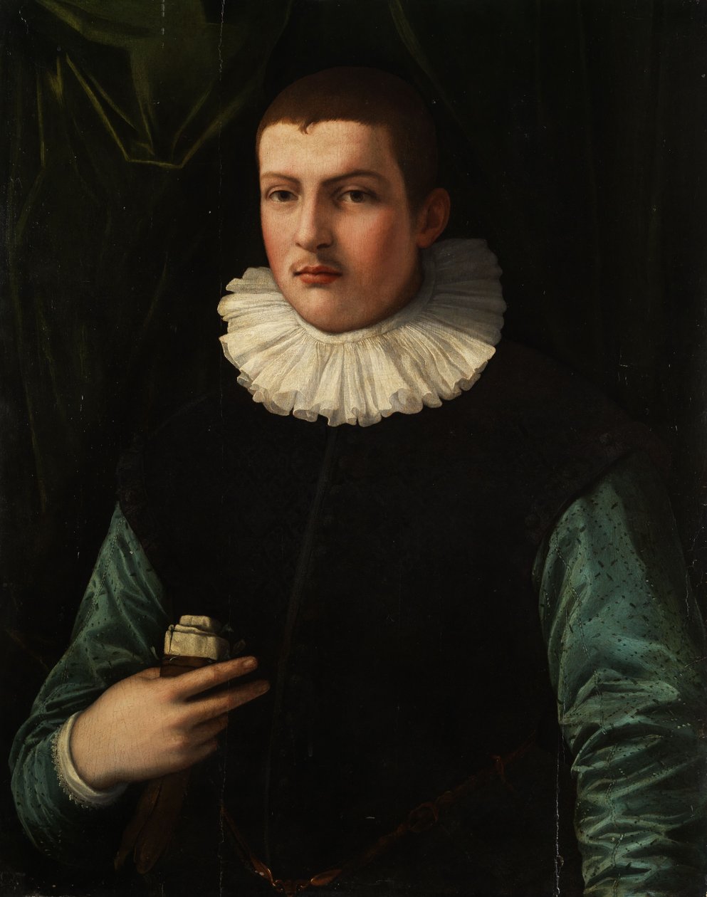Portrait eines Jünglings mit Halskrause und ausgezogenen Handschuhen in der rechten Hand. av Francesco Traballesi