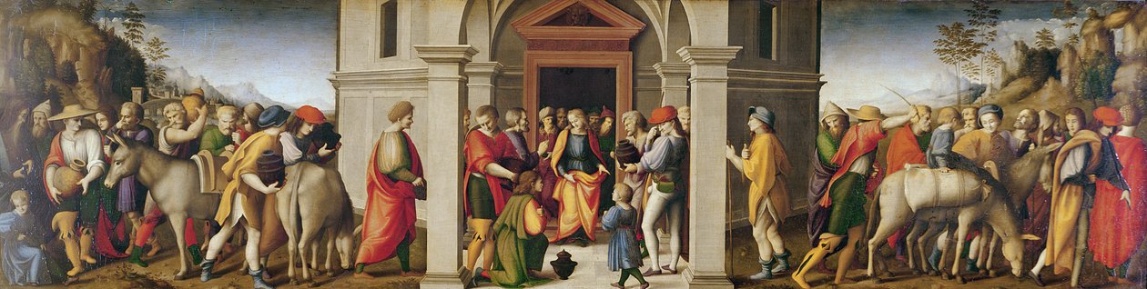 Joseph tar emot sina bröder, ca. 1515 (olja på trä) av Francesco Ubertini, Il Bacchiacca