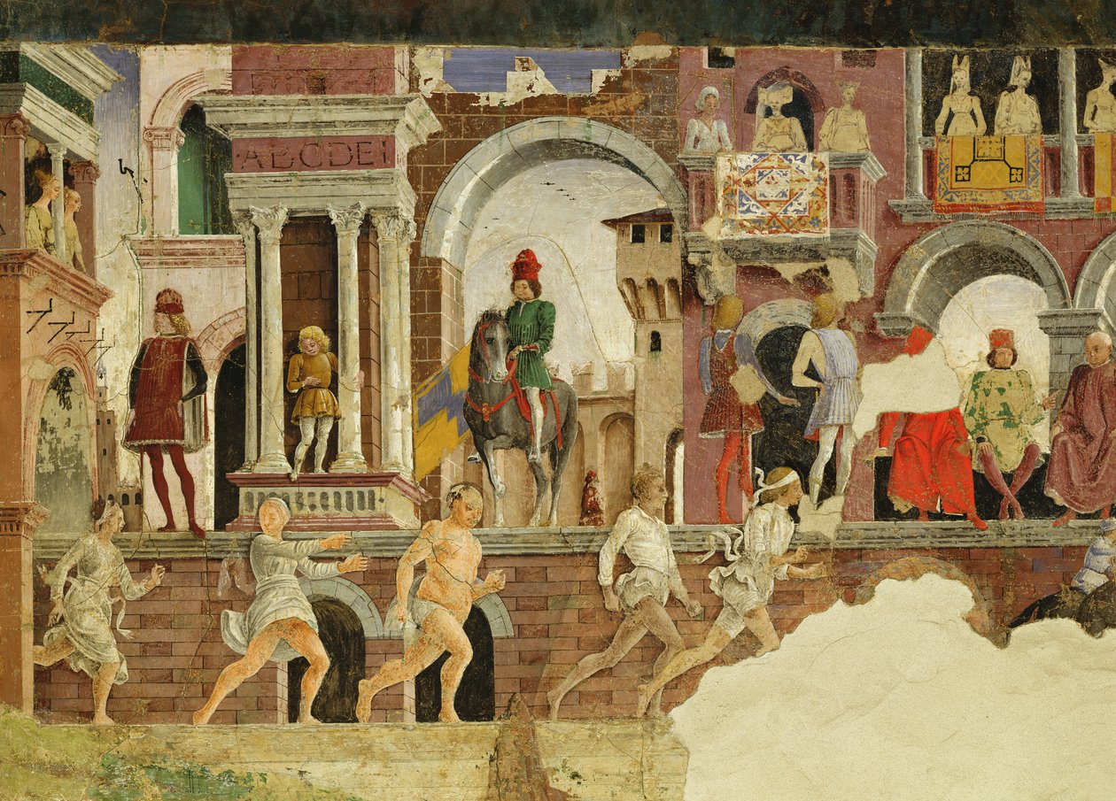 Allegory of April: en föreställning på torget Borso dEste, detalj av löpande fotgängare, 1469-70, fresk av Francesco del Cossa