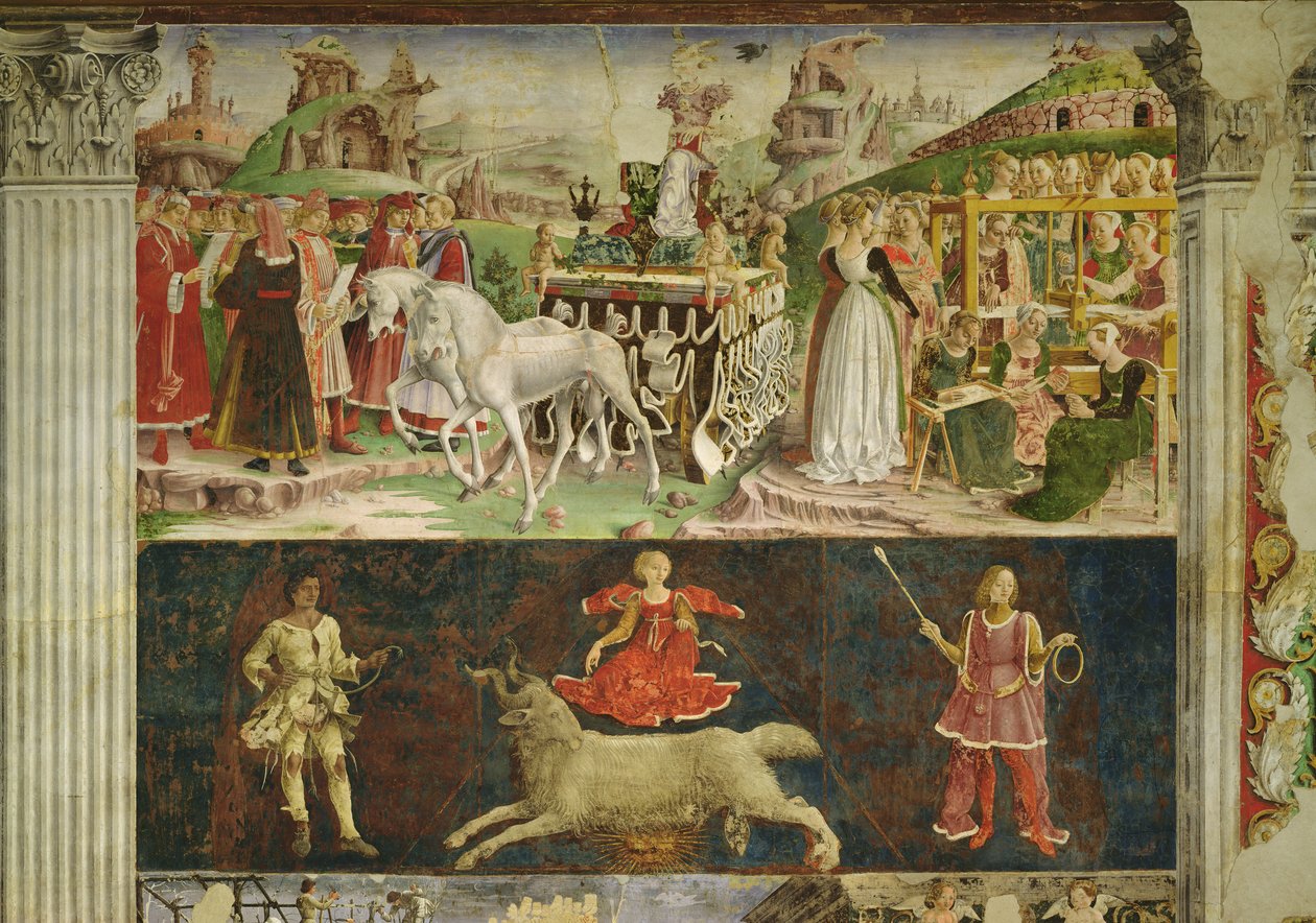 Allegorin om mars: Minervas triumf och den astrologiska symbolen Väduren, 1469-70, av Francesco del Cossa
