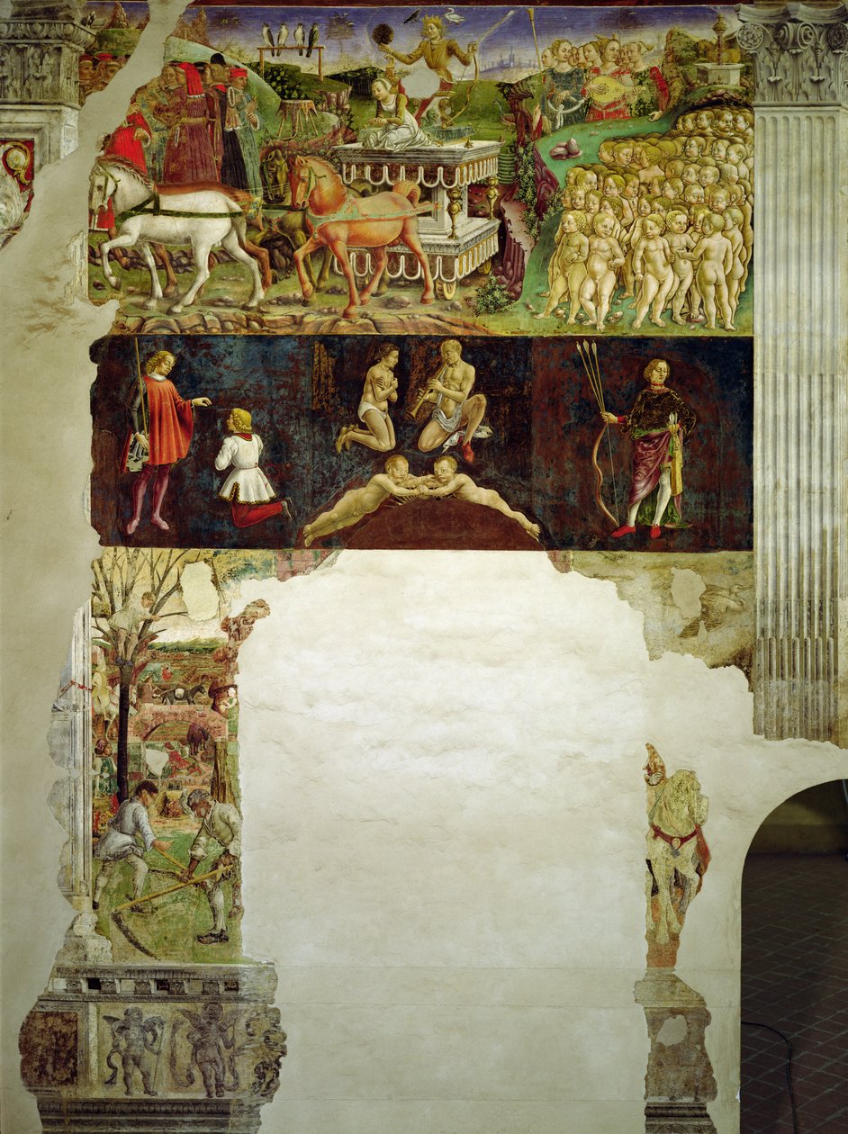 Allegori av maj: Astrologiska symboler för Tvillingarna och Apollons triumf, av Francesco del Cossa, 1469 - 1470, 1400-talet, fresk av Francesco del Cossa