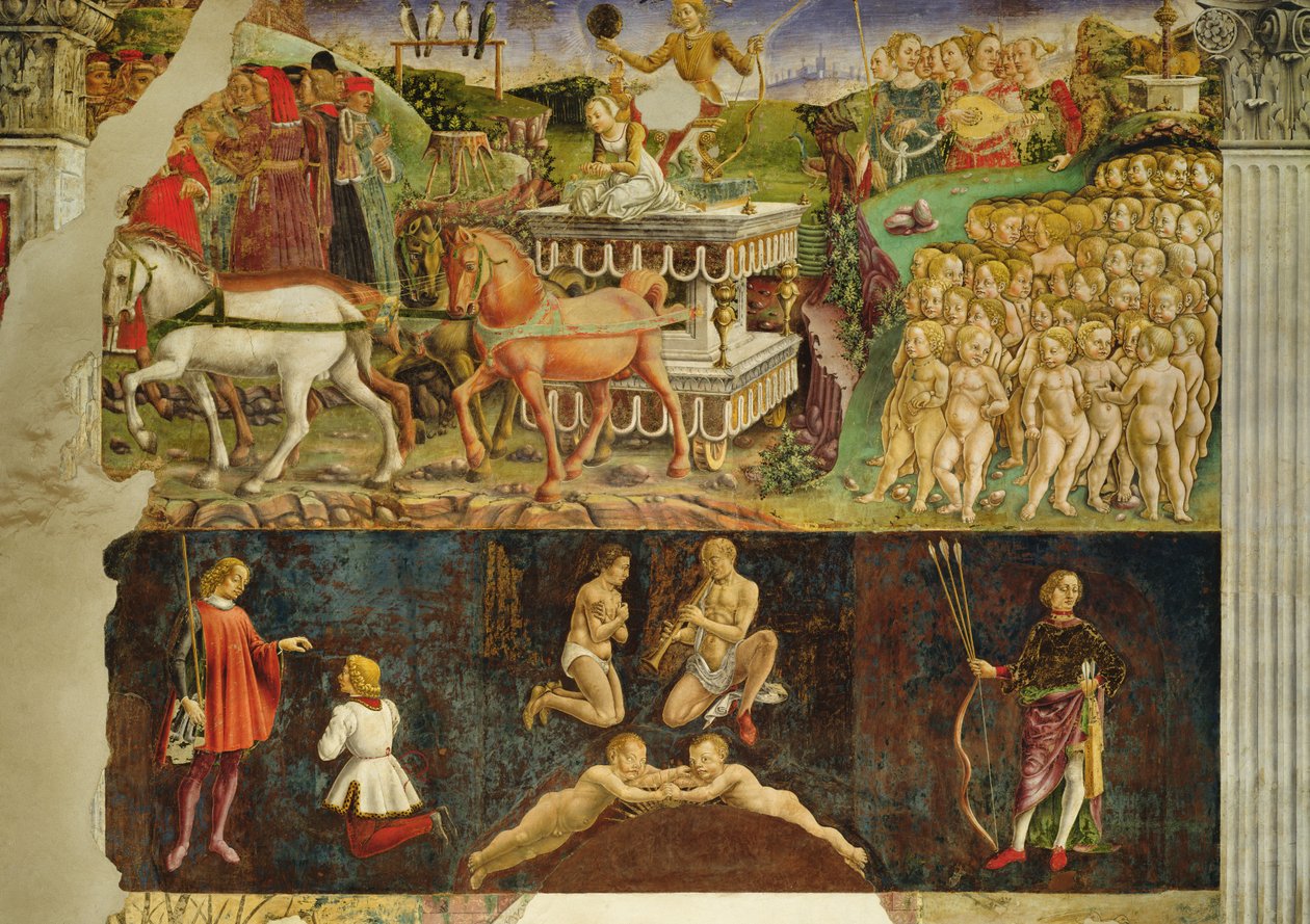 Allegori av maj: Apollons triumf, astrologiska symboler för Tvillingarna, 1469-70, av Francesco del Cossa