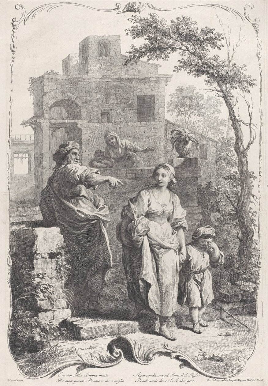 Hagar utsänd i vildmarken, 1758. av Francesco Bartolozzi