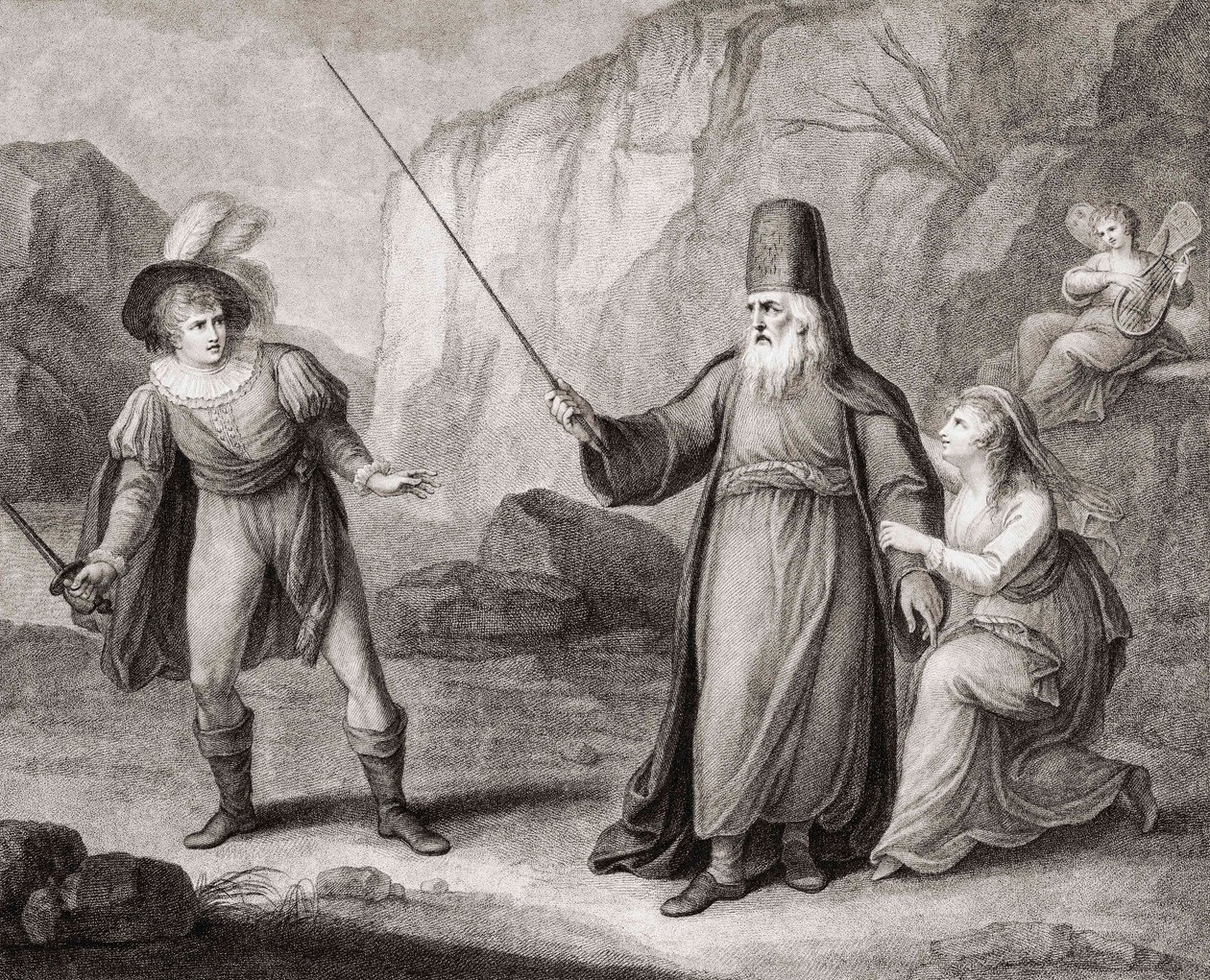 Prospero avväpnar Ferdinand. Shakespeare. Stormen (gravyr) av Francesco Bartolozzi