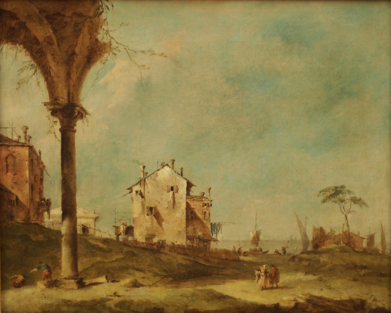 Capriccio, fantasilandskap med byggnader vid lagunen av Francesco Guardi