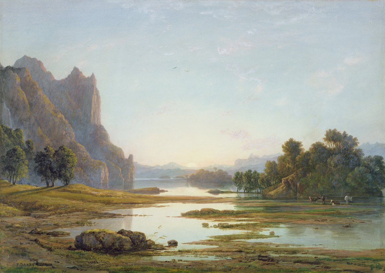 Solnedgång över ett flodlandskap, ca 1840 (wc med kroppsfärg över grafit på papper) av Francis Danby