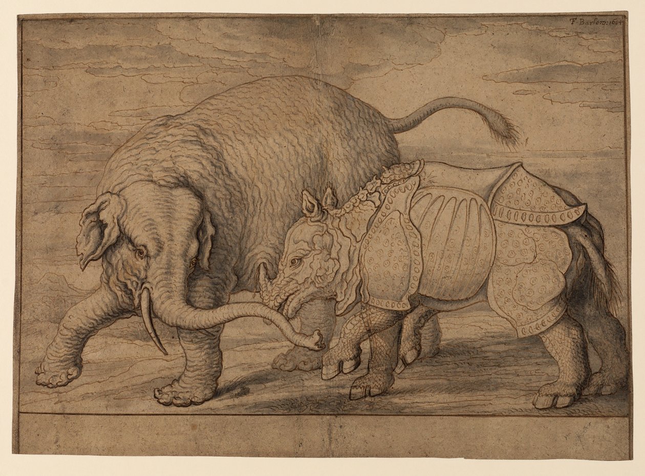 Slåss mellan en elefant och noshörning av Francis Barlow