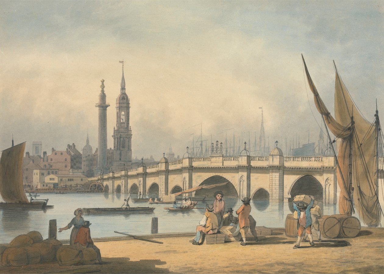 London Bridge och monumentet av Francis Nicholson