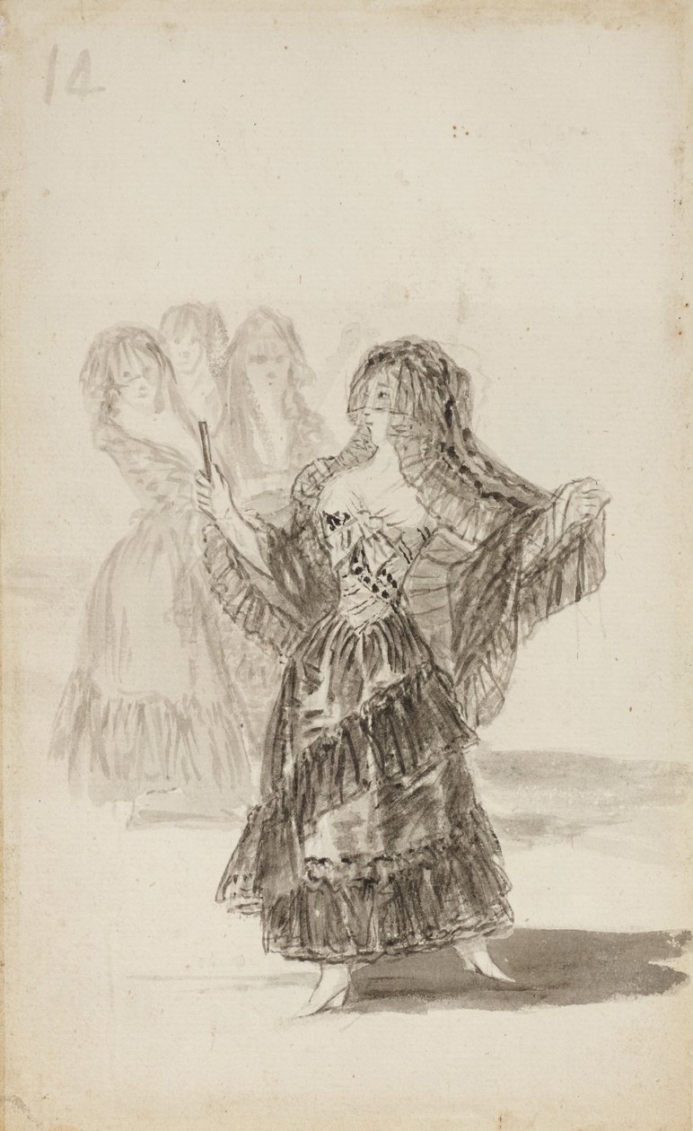 Two Majas Embracing (recto); Maja Parading before Three others (t.o.m.) av Francisco de Goya