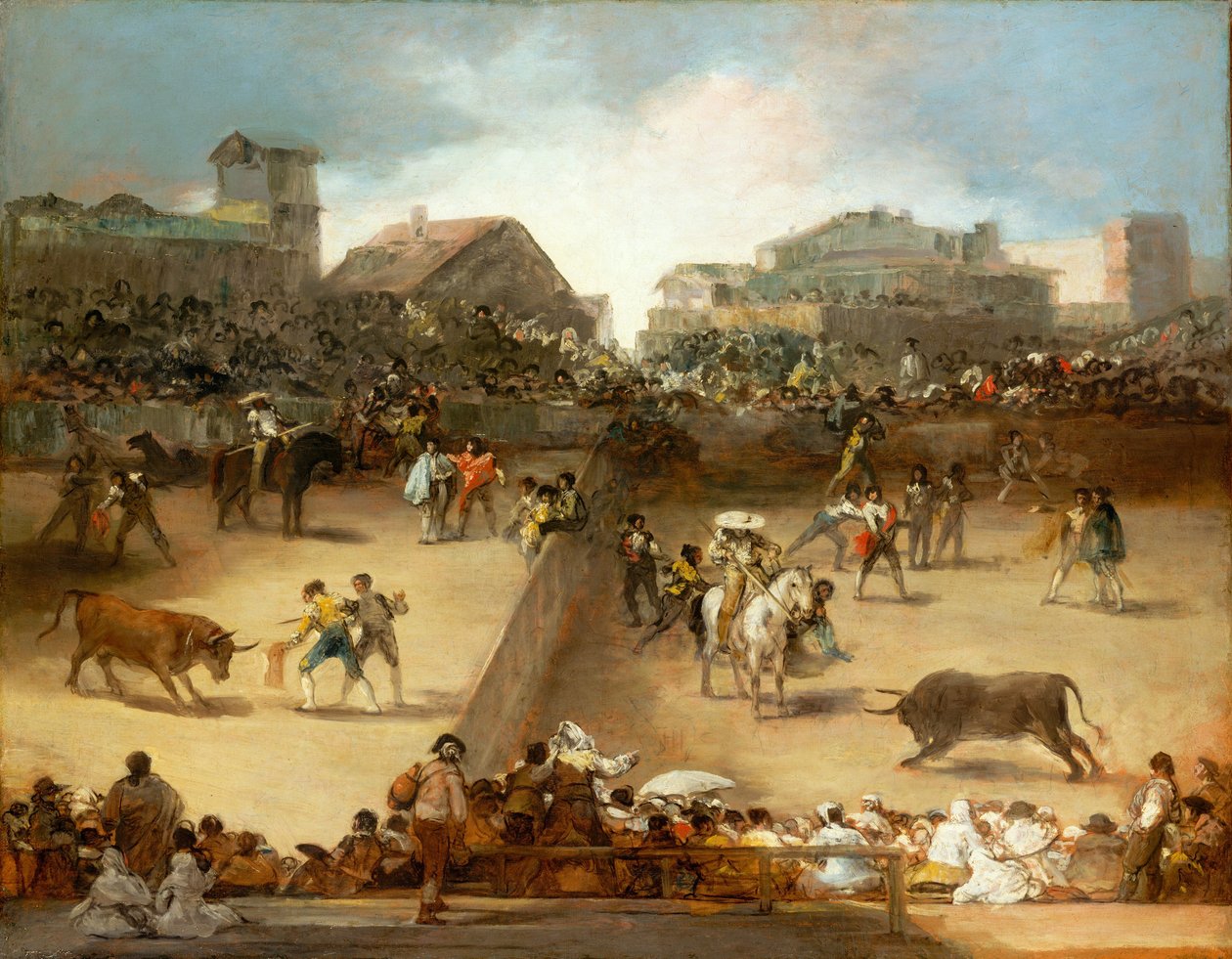 Tjurfäktning i en delad ring. av Francisco de Goya